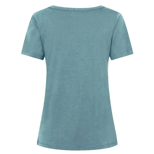 Back view of a womens Mudd & Water 'Aqua' short sleeve tee in Teal on a white background.