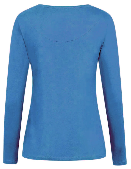 Back view of a womens Mudd & Water Teal Blue long-sleeve t-shirt on a white background
