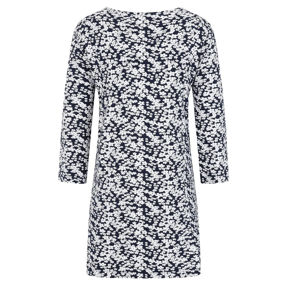 Mudd Water womens Francoise floral tunic navy with long sleeves and white flower pattern
