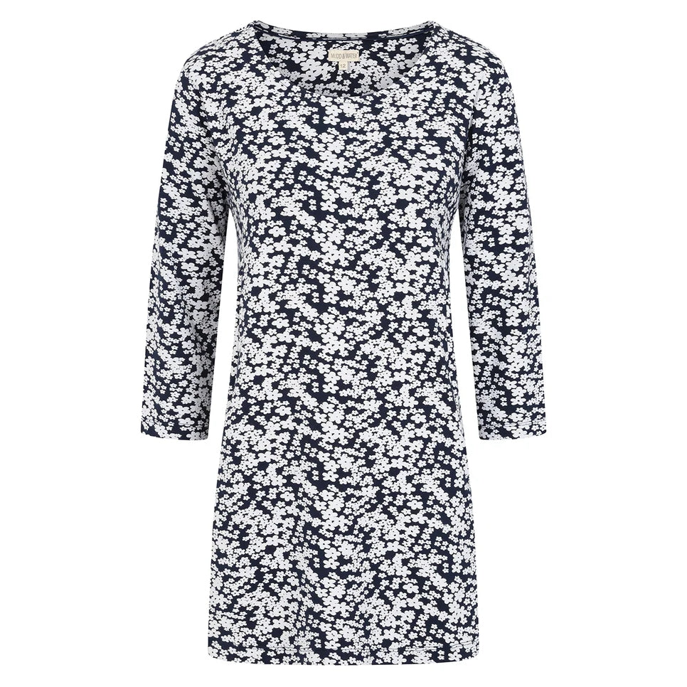 Front view of a Mudd Water womens Francoise floral tunic navy with white flower print and three-quarter sleeves