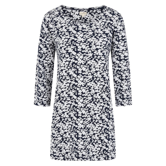 Front view of a Mudd Water womens Francoise floral tunic navy with white flower print and three-quarter sleeves