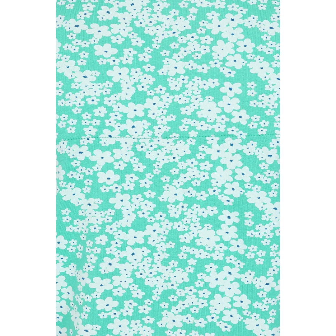 Close-up of floral pattern on Mudd Water womens Francoise tunic mint with white flowers on mint background