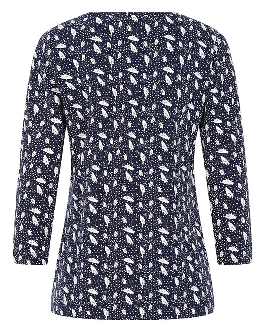Women's Fern Top from Mudd and Water, a 3/4 sleeve tee in Navy with a polka dot and leaf print.