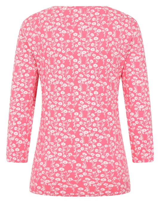 Women's Mudd & Water Fern top in Pink with a white Meadow floral print.