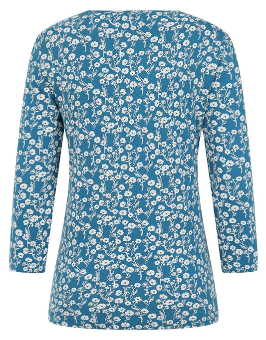 Women's Mudd & Water Fern top in Teal Blue with a white Meadow floral print.