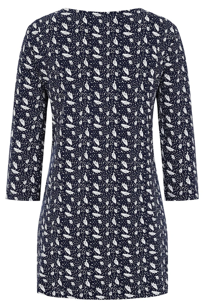 Women's Francoise tunnic from Mudd and Water in Navy with a white polka dot and abstract leaf pattern, round neckline and 3/4 length sleeves.