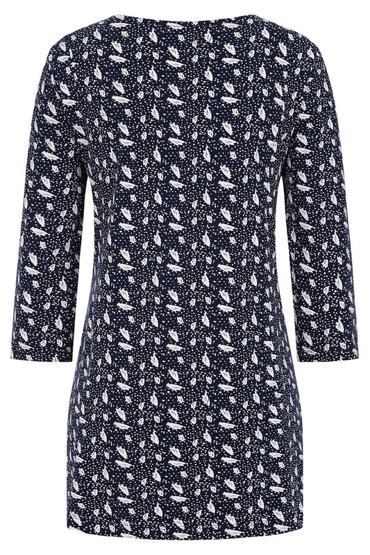 Women's Francoise tunnic from Mudd and Water in Navy with a white polka dot and abstract leaf pattern, round neckline and 3/4 length sleeves.