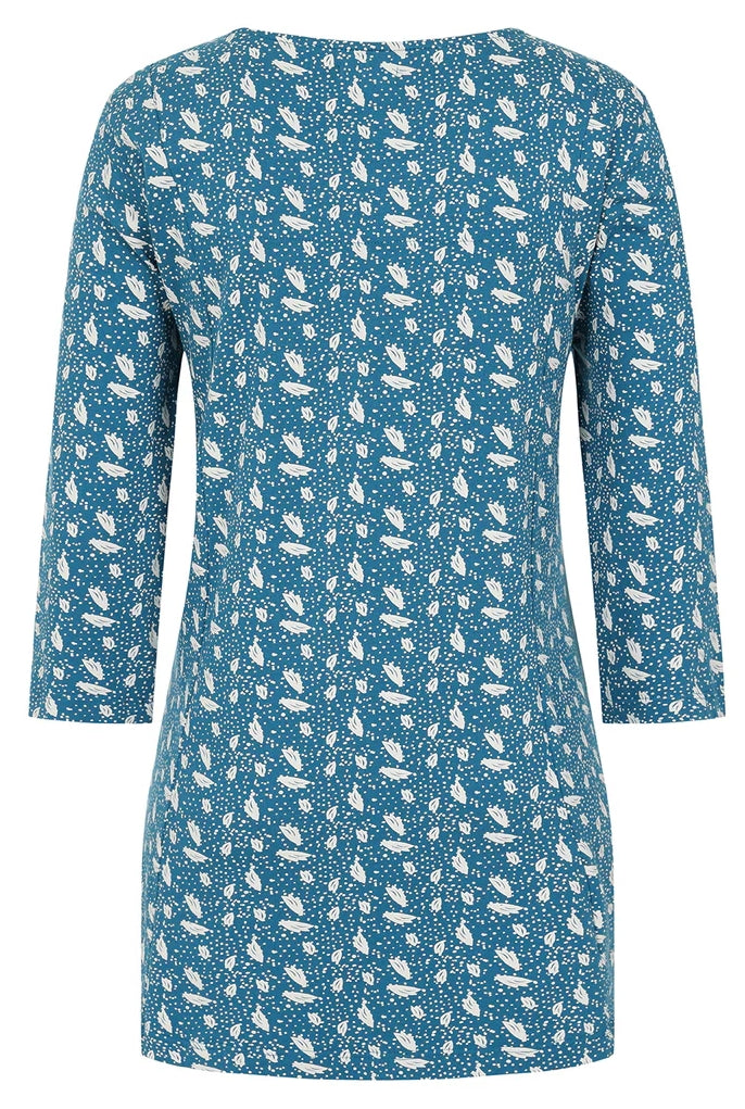 Women's Francoise tunnic from Mudd and Water in teal blue with a white polka dot and abstract leaf pattern, round neckline and 3/4 length sleeves.