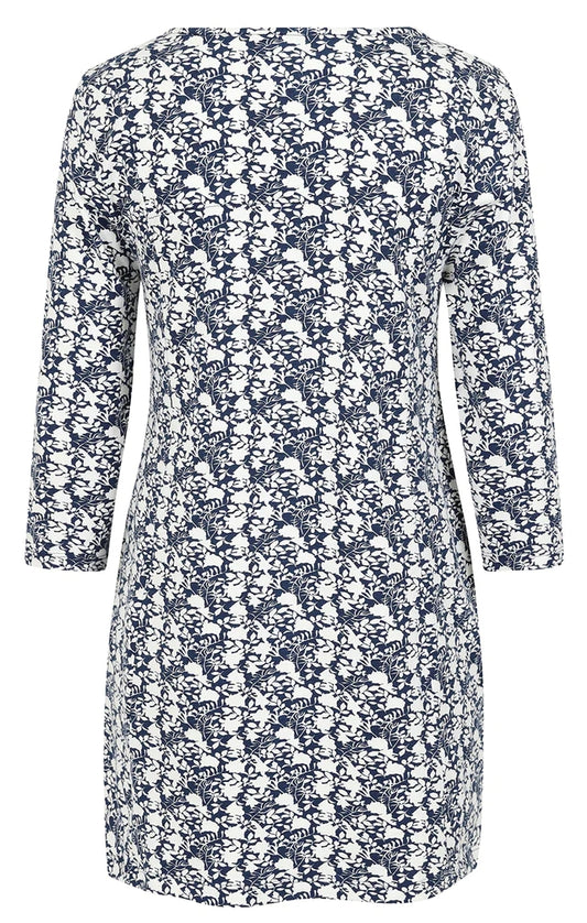 Women's organic cotton Francoice tunic from Mudd & Water in Navy Foliage Print.
