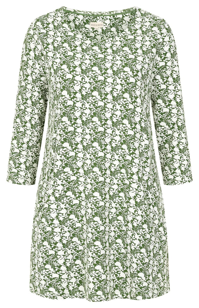 Women's three quarter sleeve Francoise tunic from Mudd and Water in a green and white floral foliage style print.