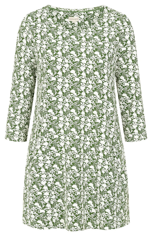 Women's three quarter sleeve Francoise tunic from Mudd and Water in a green and white floral foliage style print.