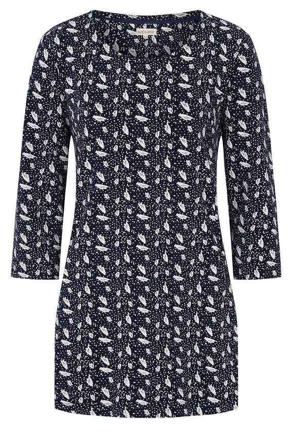 Mudd & Water women's 3/4 sleeve Francoise tunic in Navy with a white polka dot and abstract leaf print.