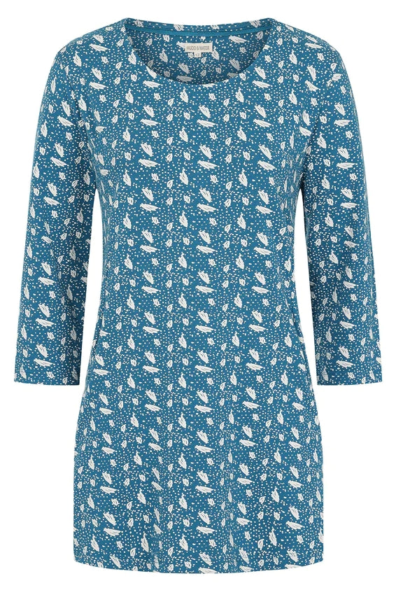 Mudd & Water women's 3/4 sleeve Francoise tunic in Teal Blue with a white polka dot and abstract leaf print.