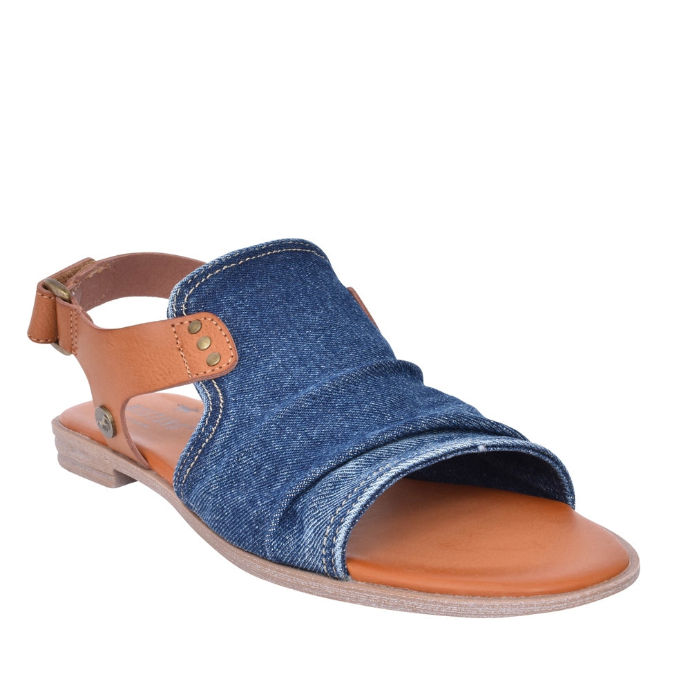 Mustang womens denim sandals with blue denim upper and brown leather ankle strap