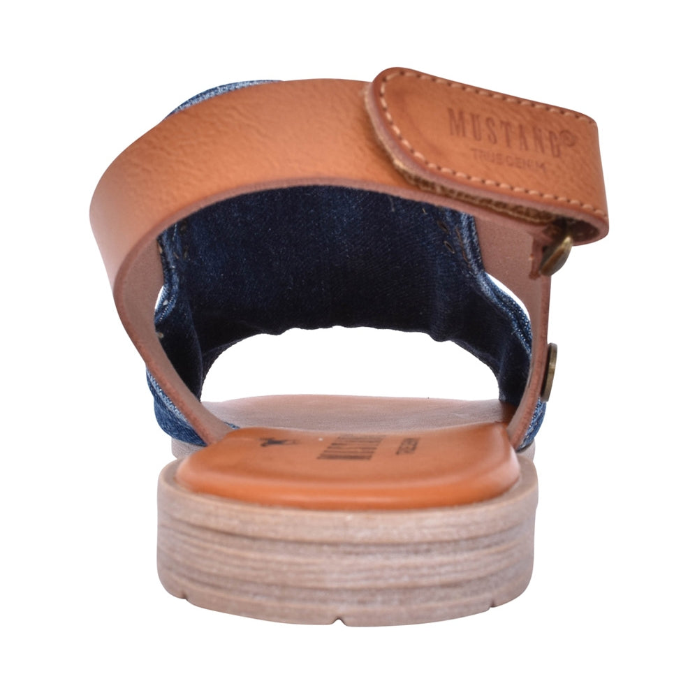 Mustang womens denim sandals with brown leather strap and cushioned sole back view