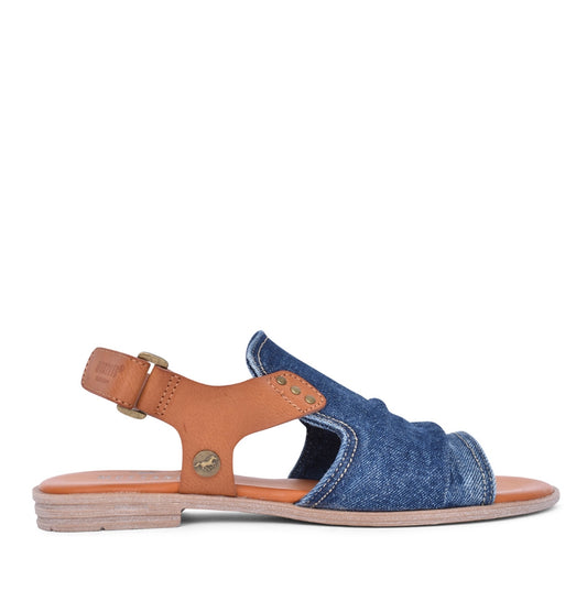 Mustang womens denim sandals with blue denim straps and brown leather ankle strap