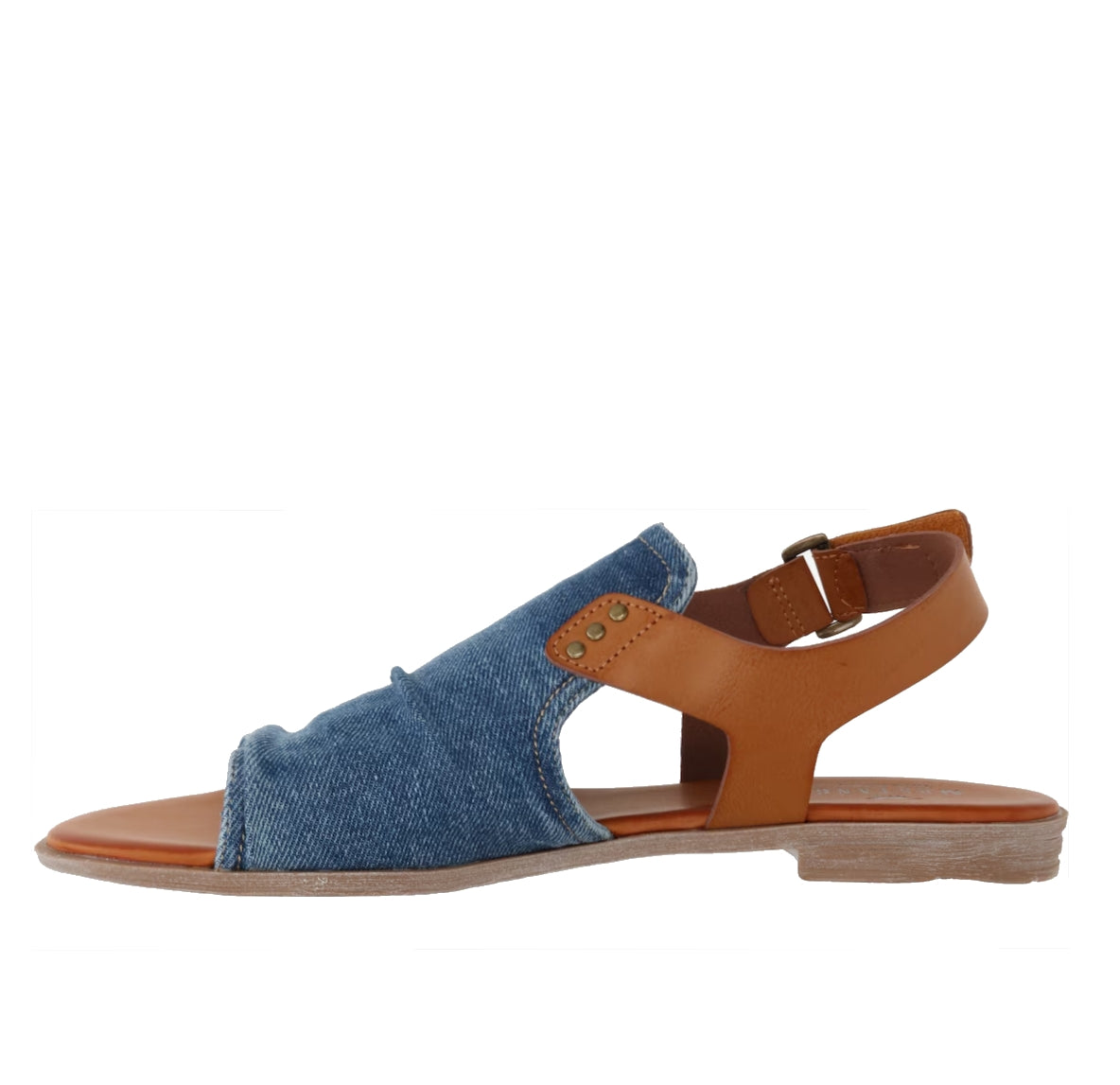 Mustang womens denim sandals with blue denim front and brown leather ankle strap flat sole