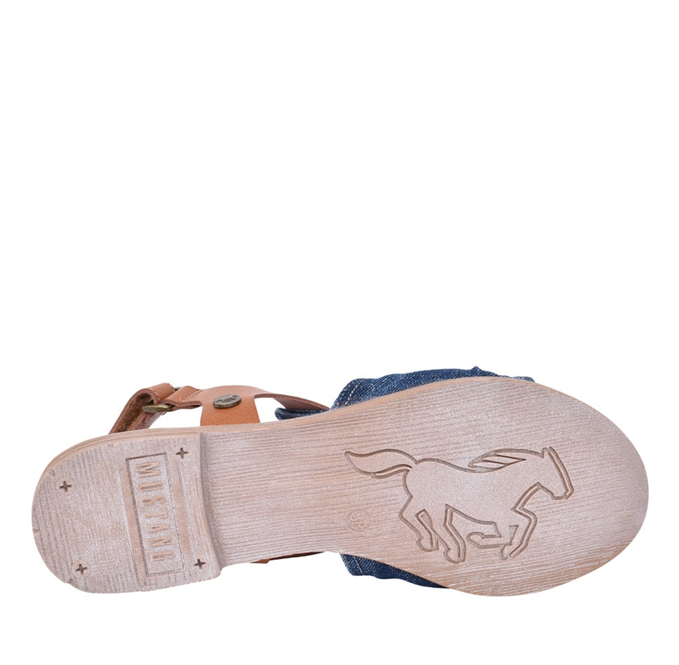 Bottom view of Mustang womens denim sandals showing sole with horse logo and textured tread