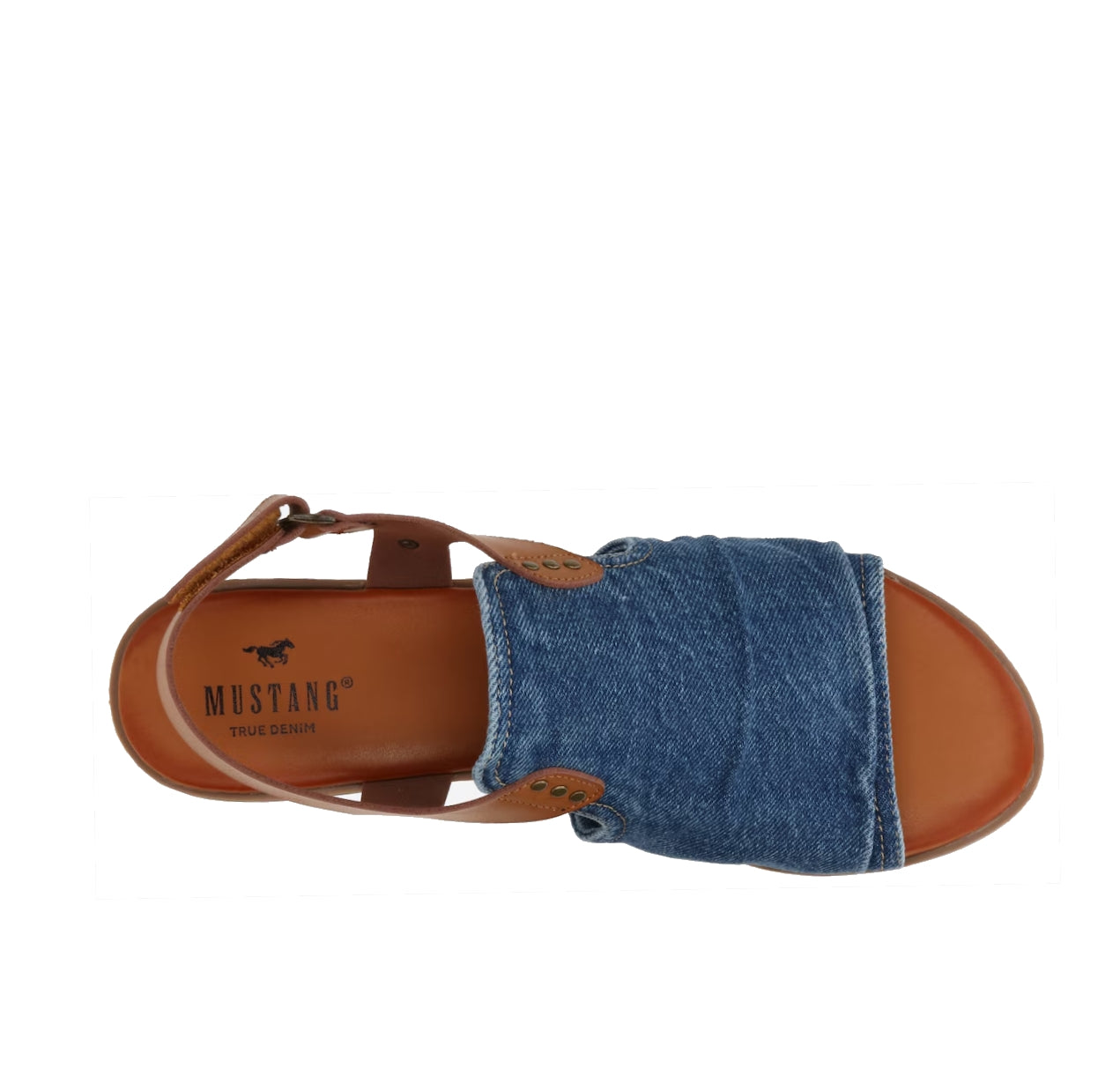 Mustang womens denim sandals with brown leather sole and adjustable ankle strap