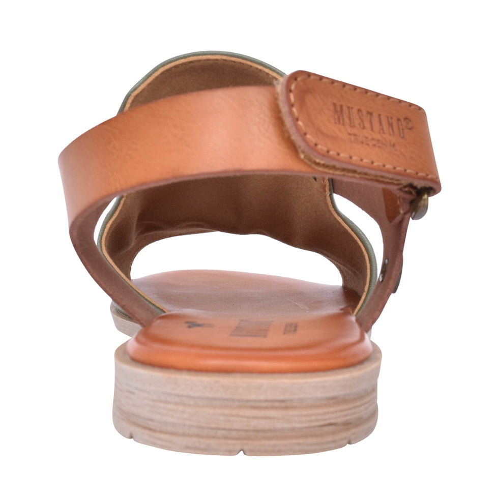 Rear view of Mustang womens sandals green with tan leather straps and cushioned sole