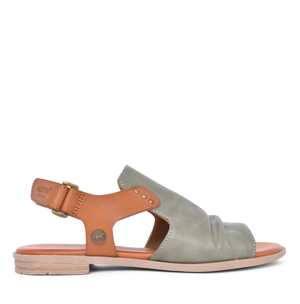 Mustang womens sandals green with brown leather strap and soft cushioned sole for comfort