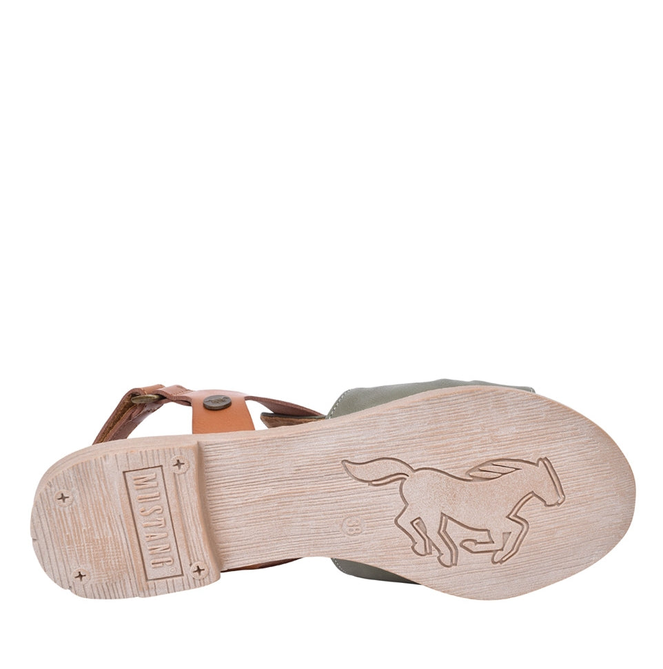 Sole of Mustang womens sandals green with embossed horse logo and textured grip