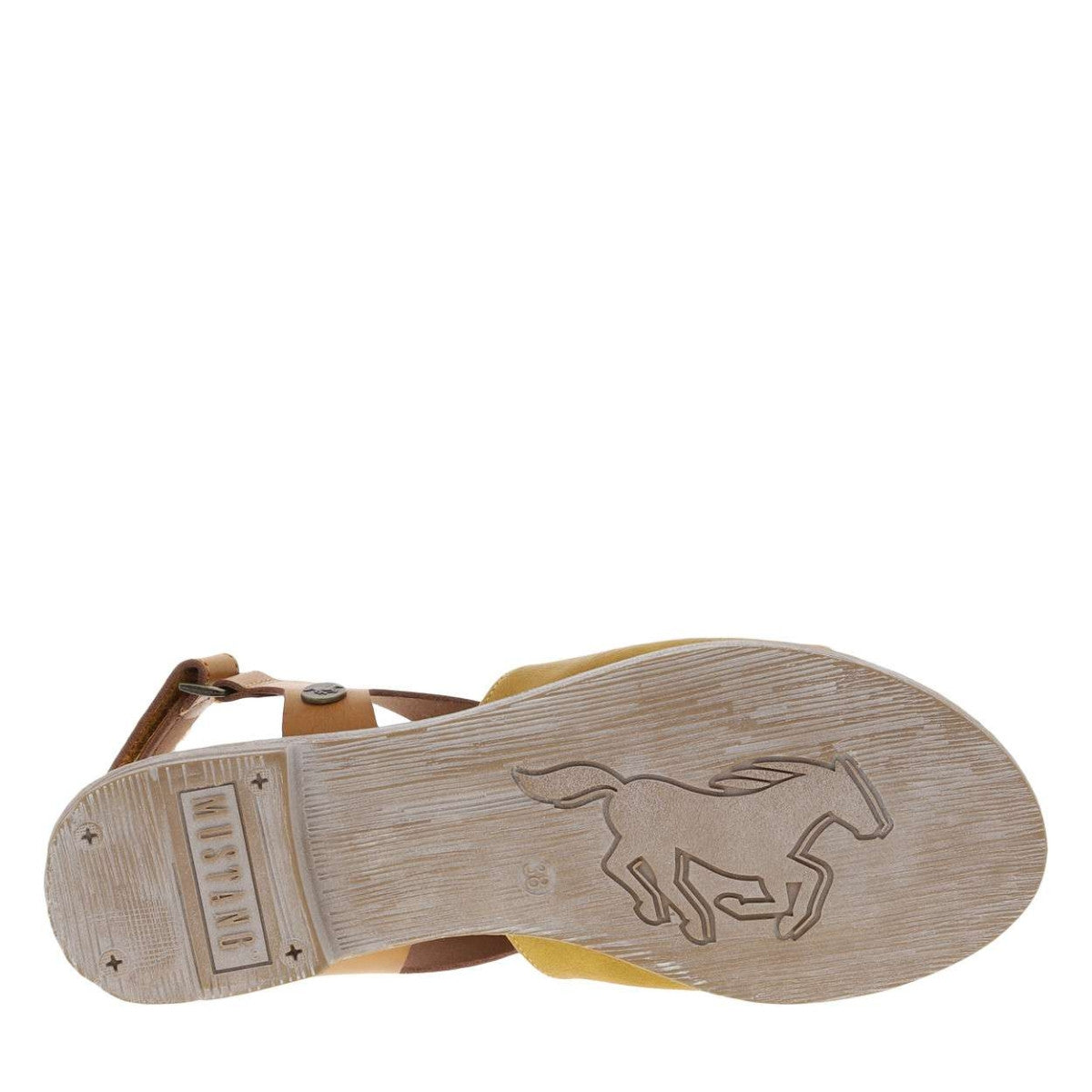 Sole view of Mustang womens yellow sandals featuring embossed horse logo and textured grip