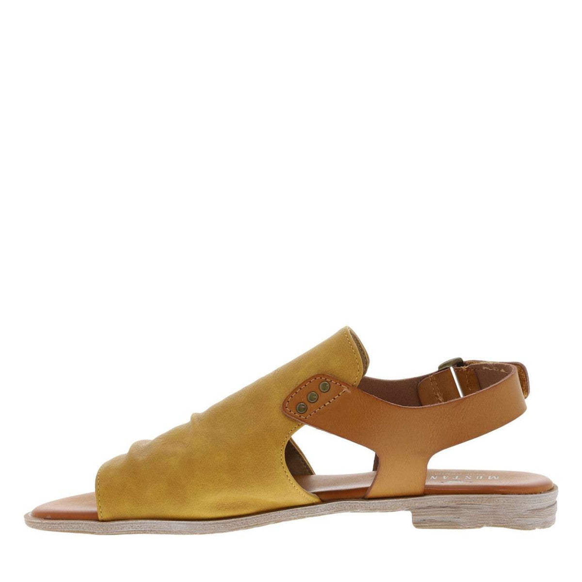 Mustang womens yellow sandals with open back and adjustable strap in suede and leather