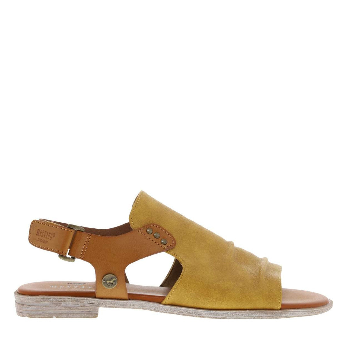 Mustang womens yellow sandals with brown leather strap and open toe design for casual wear