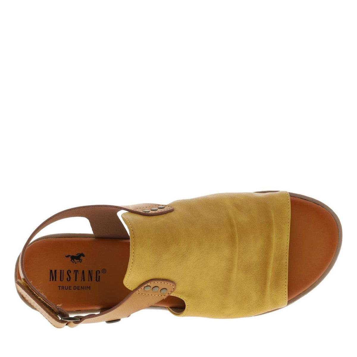 Mustang womens yellow sandals with brown adjustable ankle strap and cushioned insole