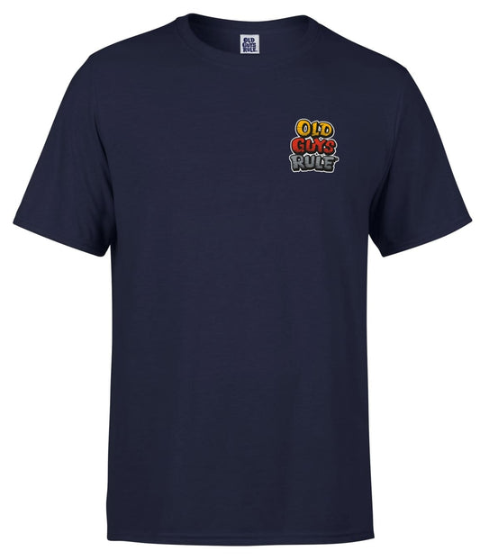 Old Guys Rule mens good vibrations t-shirt in navy with colorful logo on chest