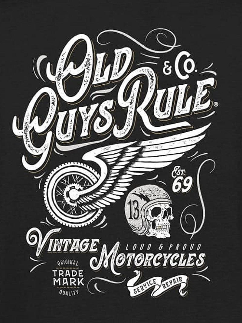 Old Guys Rule mens t-shirt black featuring vintage motorcycle design with skull and wings