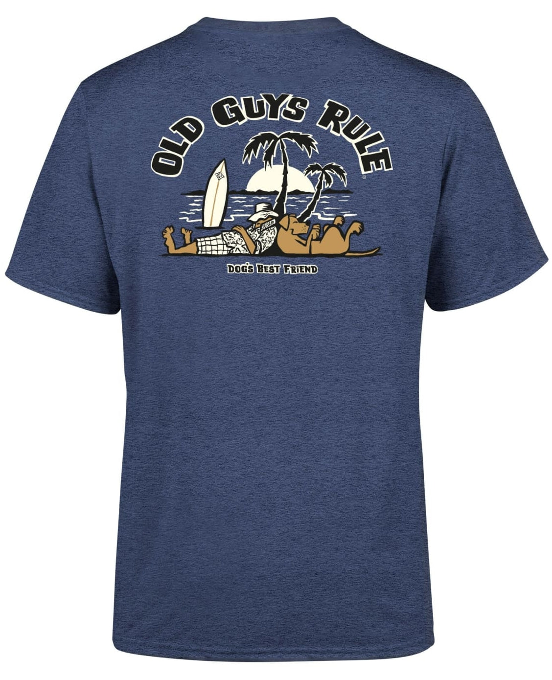 Old Guys Rule mens t-shirt dogs featuring a relaxed design with surfers and a playful dog illustration