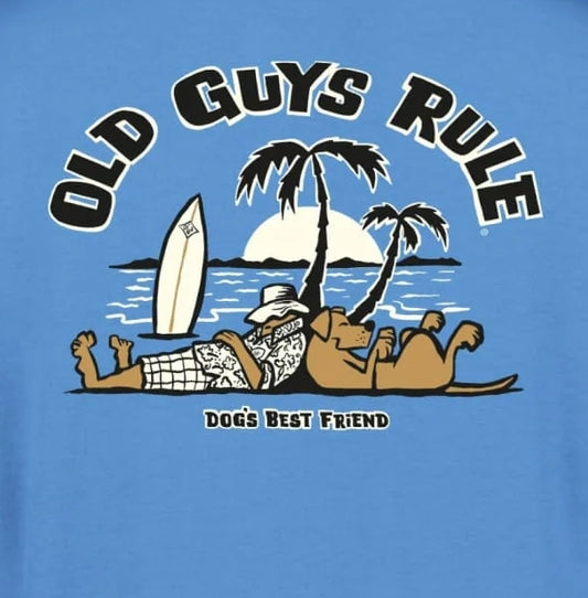 Old Guys Rule mens t-shirt dogs featuring a laid-back dog and surfer design in blue