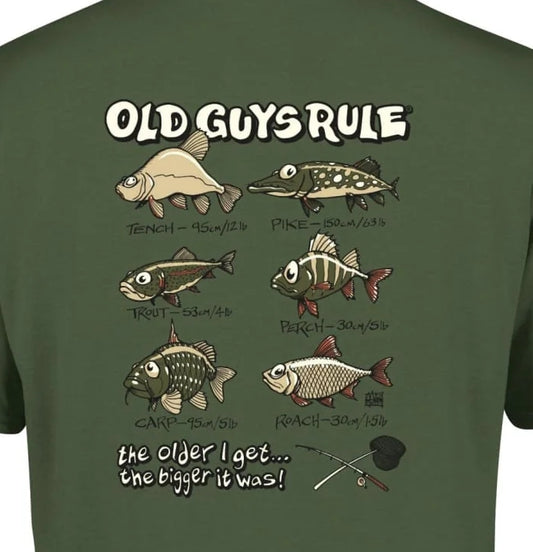 Old Guys Rule mens t-shirt fish graphic with illustrated fish species and fishing rod on green fabric
