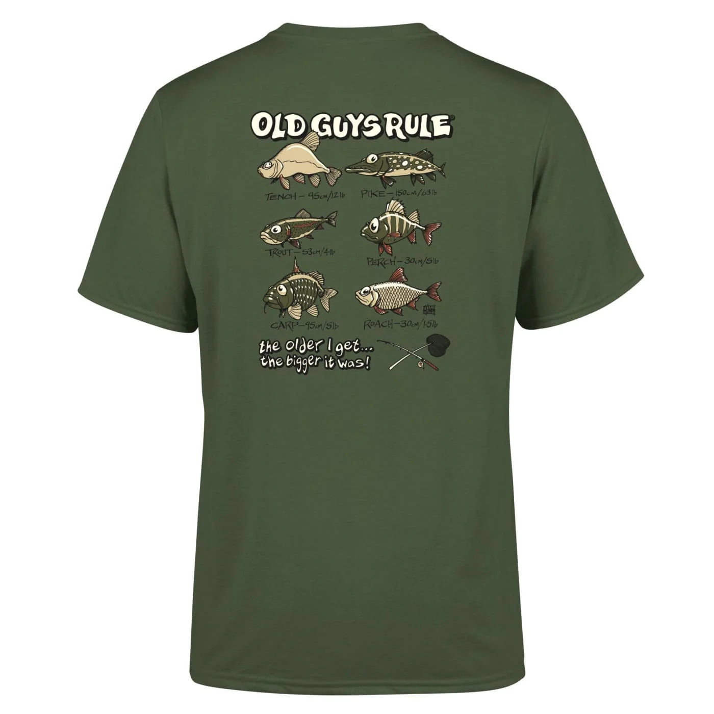 Old Guys Rule mens t-shirt fish design with various fish illustrations on green short sleeve shirt