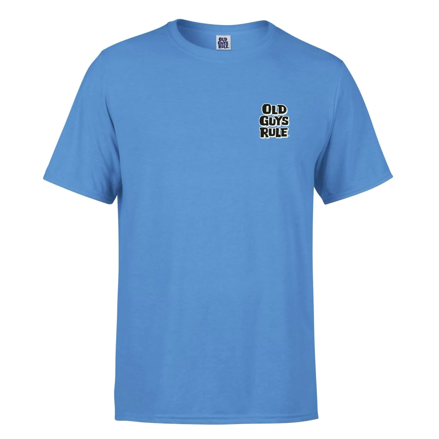 Old Guys Rule mens t-shirt dogs in light blue with a bold print on the front