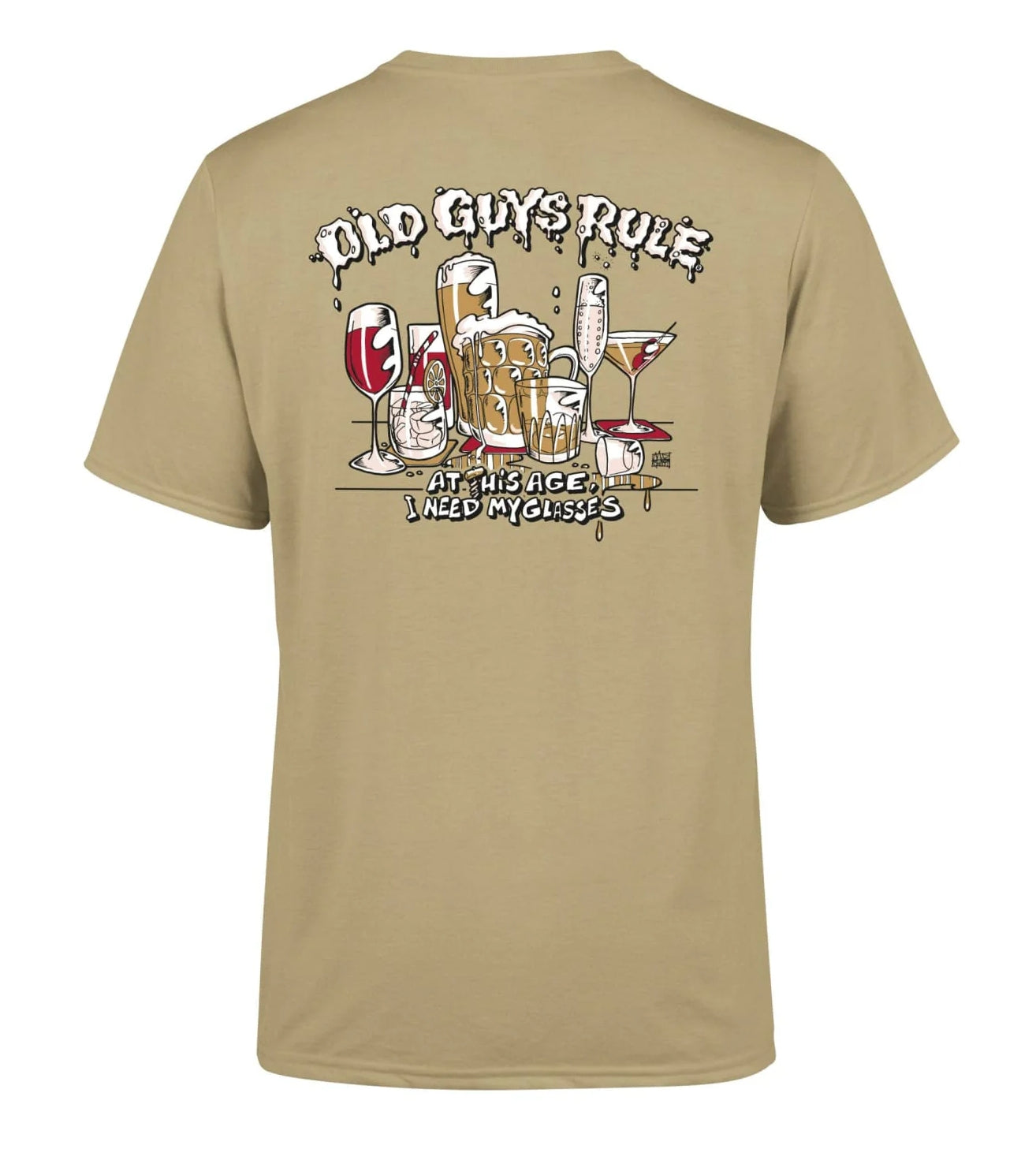 Old Guys Rule mens t-shirt glasses featuring a fun graphic with drinks and humorous text on the back