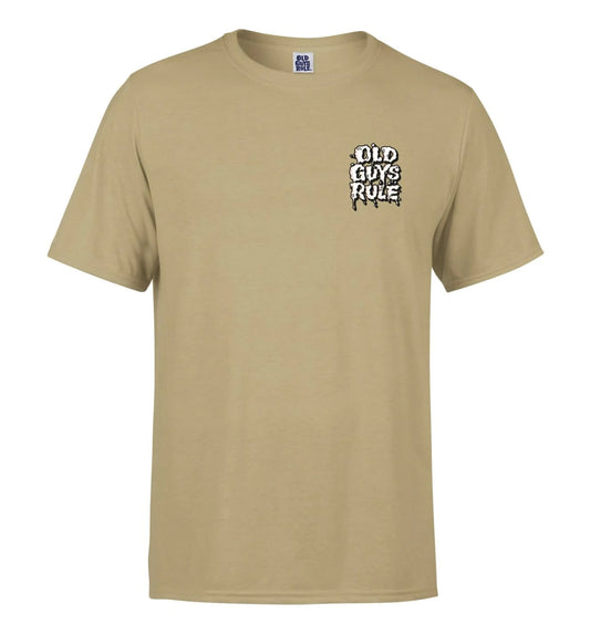 Old Guys Rule mens t-shirt glasses in beige with bold logo on the front for casual wear
