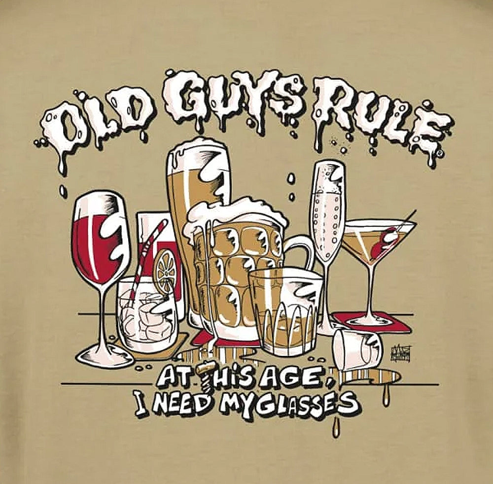 Old Guys Rule mens t-shirt glasses featuring humorous drink designs and text about needing glasses
