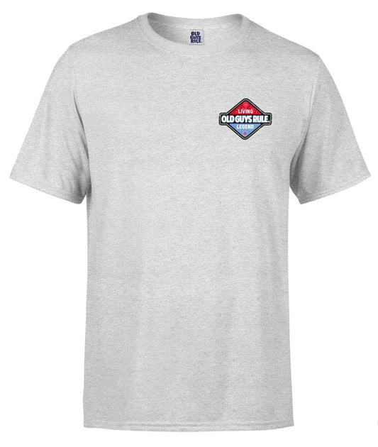 Light gray Old Guys Rule mens t-shirt featuring a colorful logo on the chest