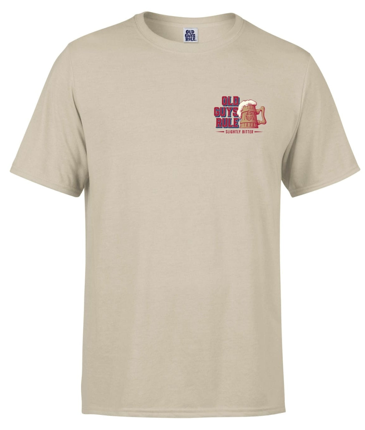 Old Guys Rule mens t-shirt in beige with a fun graphic design on the front