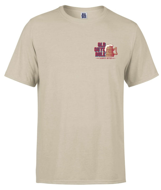 Old Guys Rule mens t-shirt in beige with a fun graphic design on the front