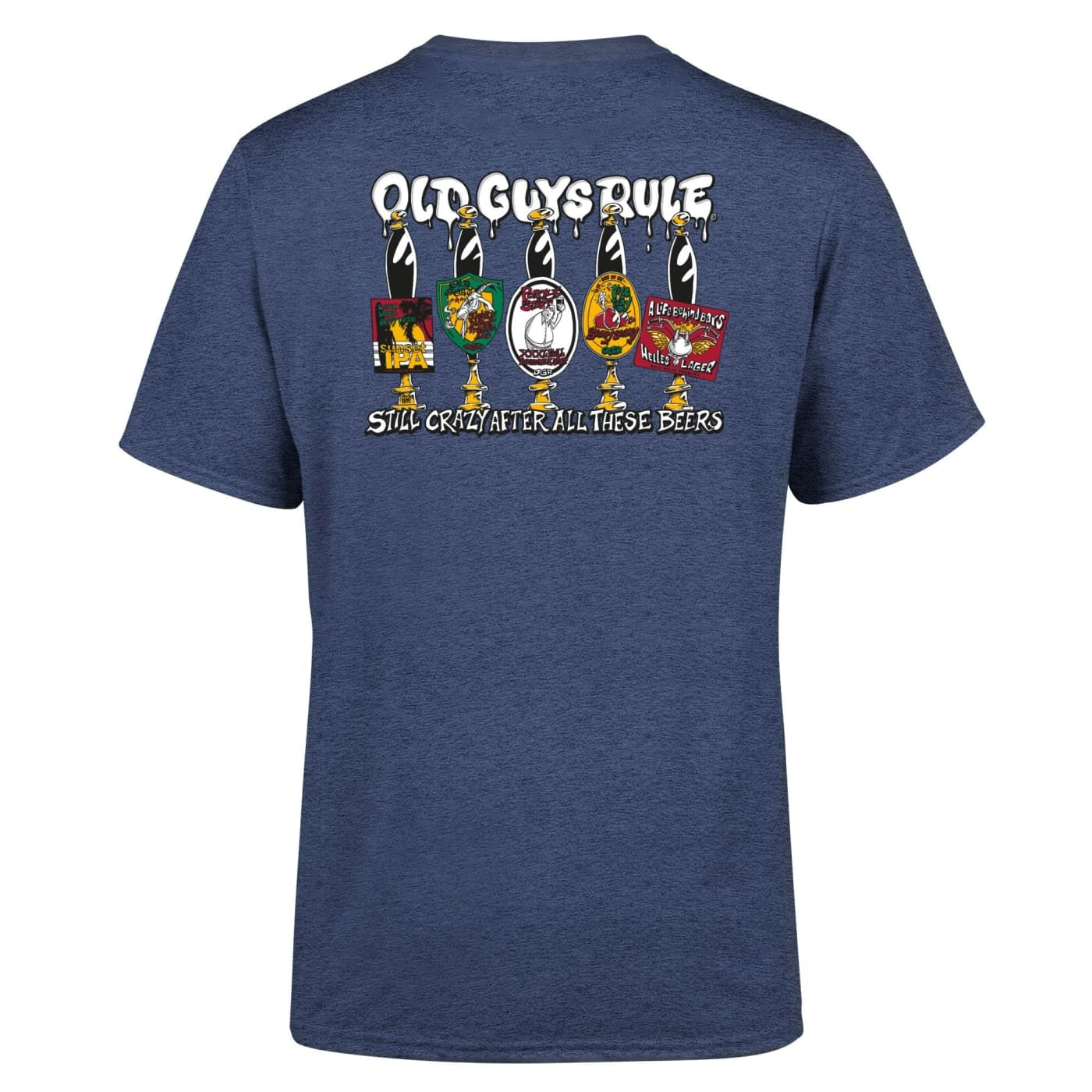 Old Guys Rule mens t-shirt still crazy with beer tap graphic on the back in navy blue