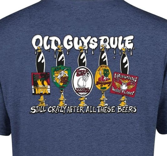 Old Guys Rule mens t-shirt still crazy navy blue with beer taps graphic on back