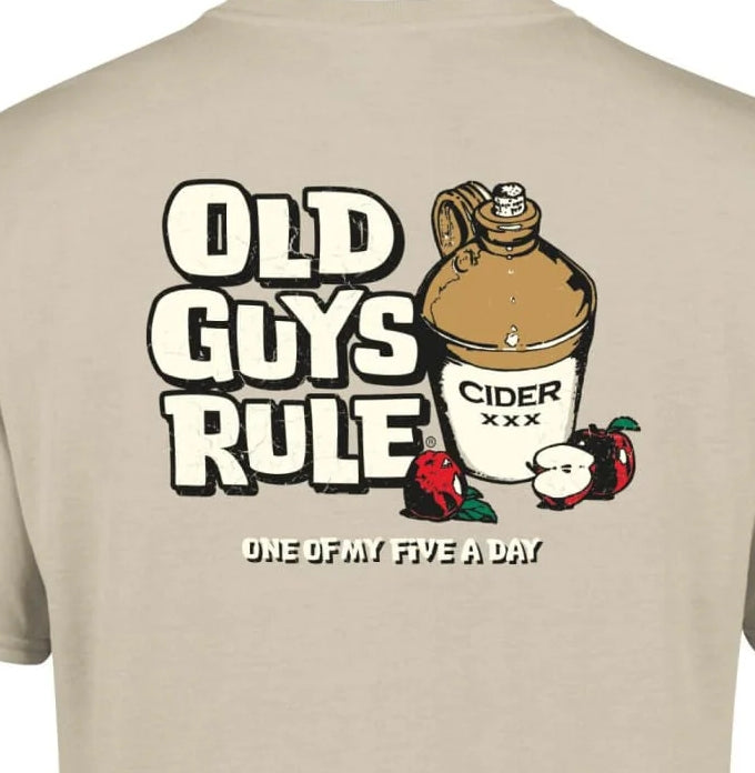 Old Guys Rule t-shirt five a day with cider jug and apple graphic on beige fabric
