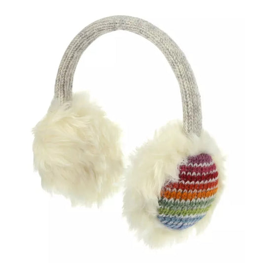 Pair of Pachamama Hoxton fluffy faux fur ear muffs with a multicoloured striped knitted trim on a white background.