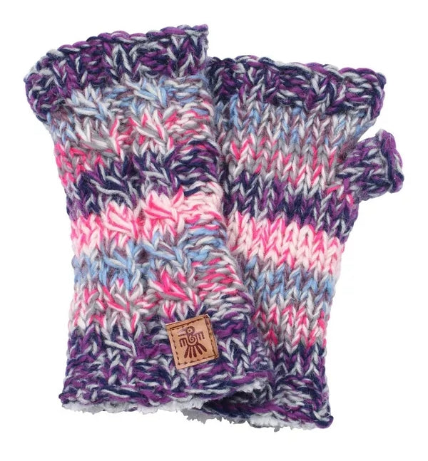 Pachamama knitted Utrecht wrist warmers in pink and purple with a sherpa lining.