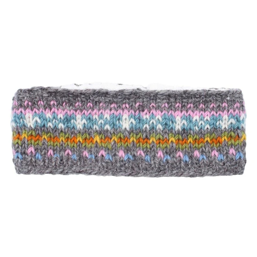 Knitted Pachamama Braemar headband with multicolour Fair Isle pattern on a white background