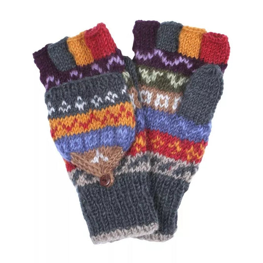 Pachamama colourful knitted fingerless glove mittens with a Fair Isle pattern on a white background